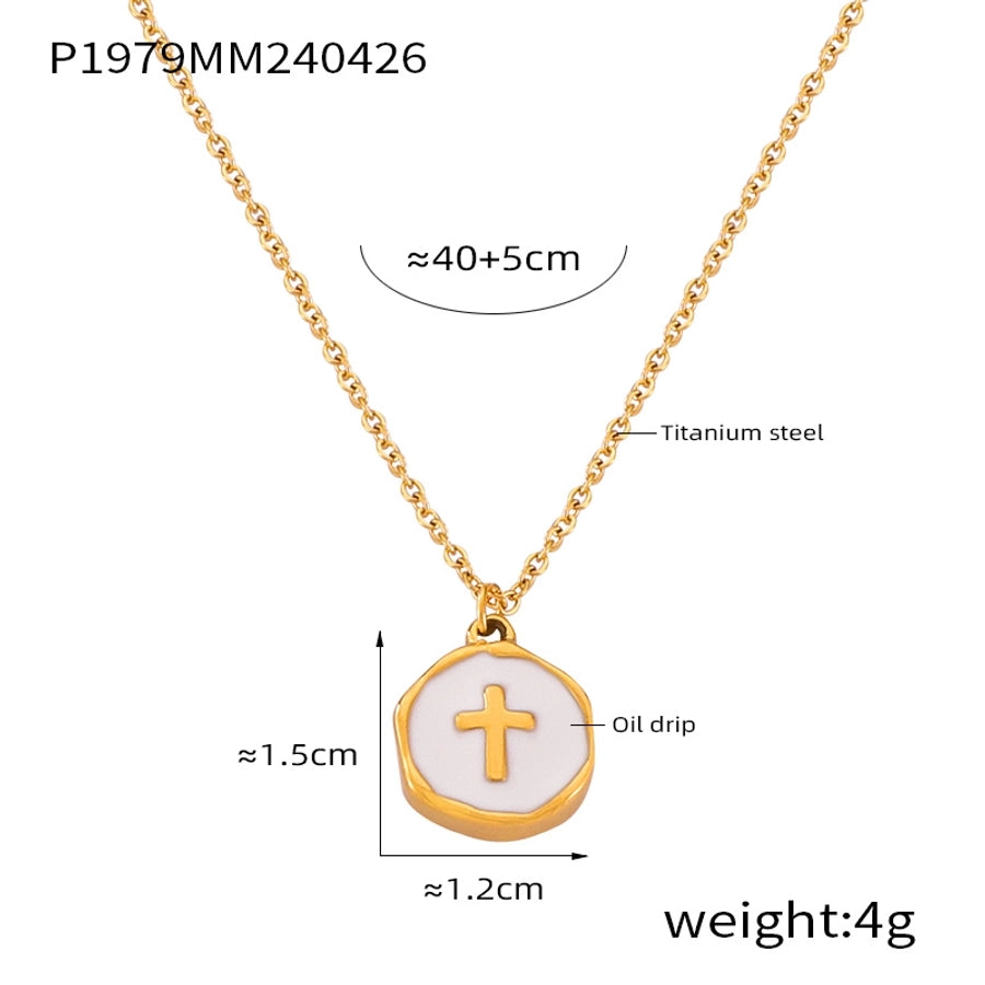 304 Stainless Steel 18K Gold Plated Casual Simple Style Commute Enamel Plating Cross Round Heart Shape Pendant Necklace - CEJEW