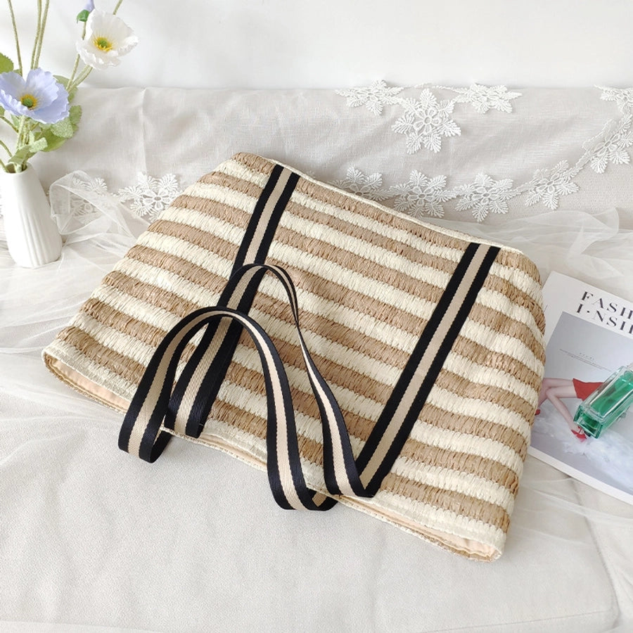 Women's Medium Paper Stripe Streetwear Weave Sewing Thread Square Magnetic Buckle Tote Bag