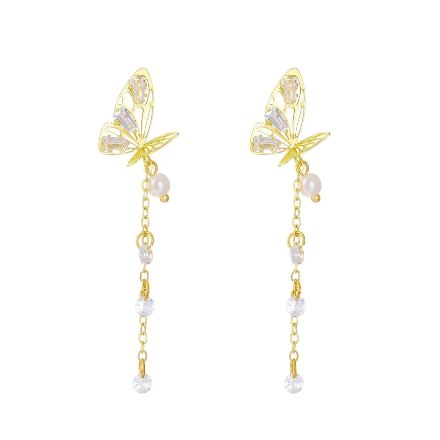 1 pair ig style japanese style tassel butterfly plating inlay imitation pearl alloy rhinestones 14k gold plated drop earrings