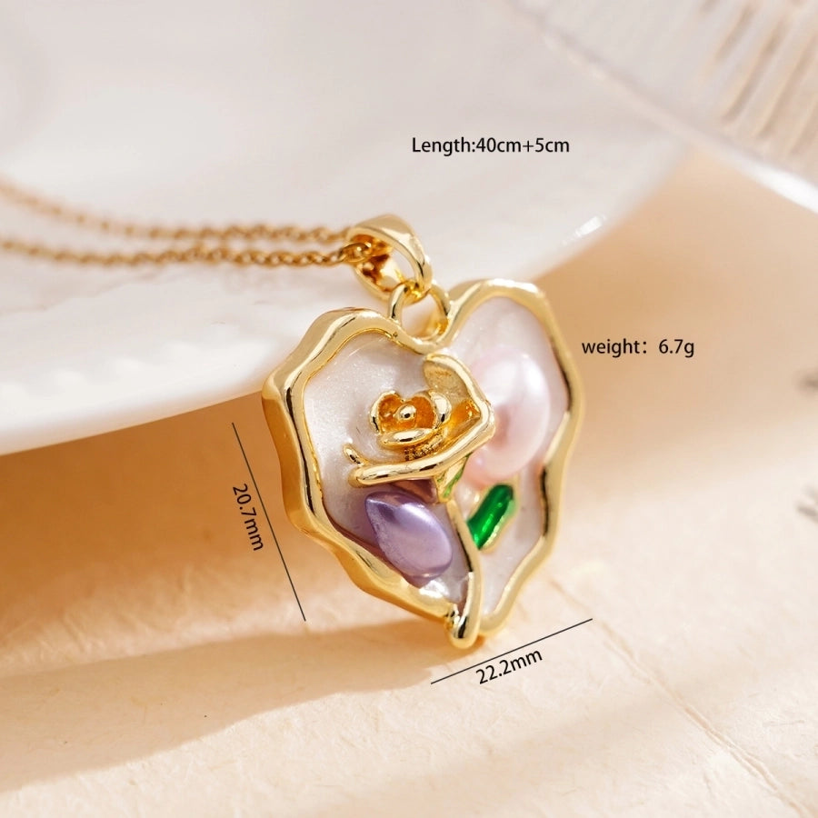 Jewelry Elegant Water Droplets Heart Shape Rose 304 Stainless Steel Copper Pearl White Gold Plated Gold Plated Enamel Plating Inlay Pendant Necklace