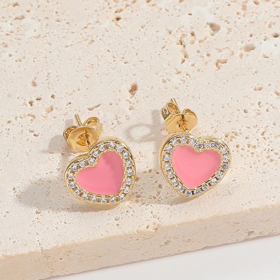 1 Pair Elegant Simple Style Commute Heart Shape Flower Enamel Inlay Copper Zircon 14K Gold Plated Ear Studs