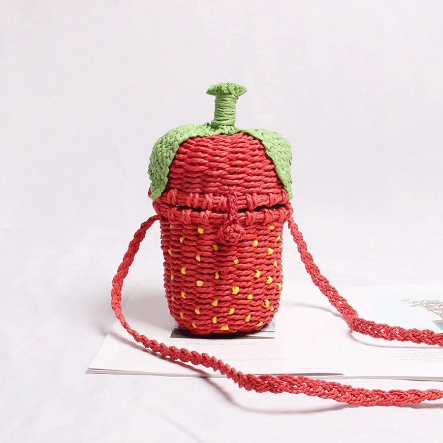 Women's Small Straw Strawberry Cute Weave Cylindrical Flip Cover beach bag