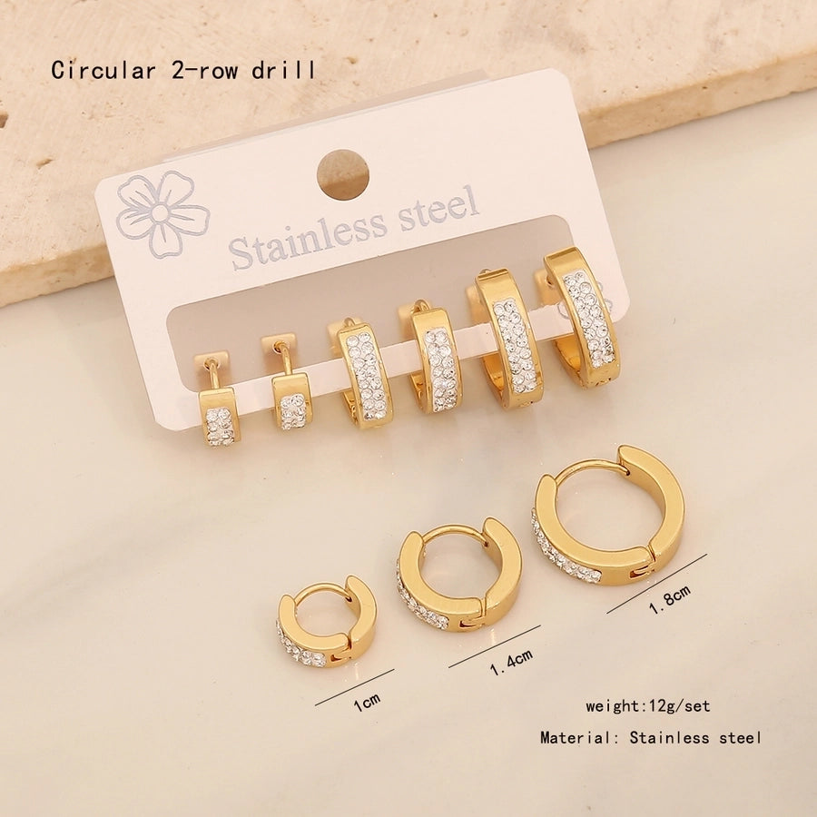 3 Pairs Lady Commute Geometric Inlay 304 Stainless Steel Zircon 18K Gold Plated Earrings