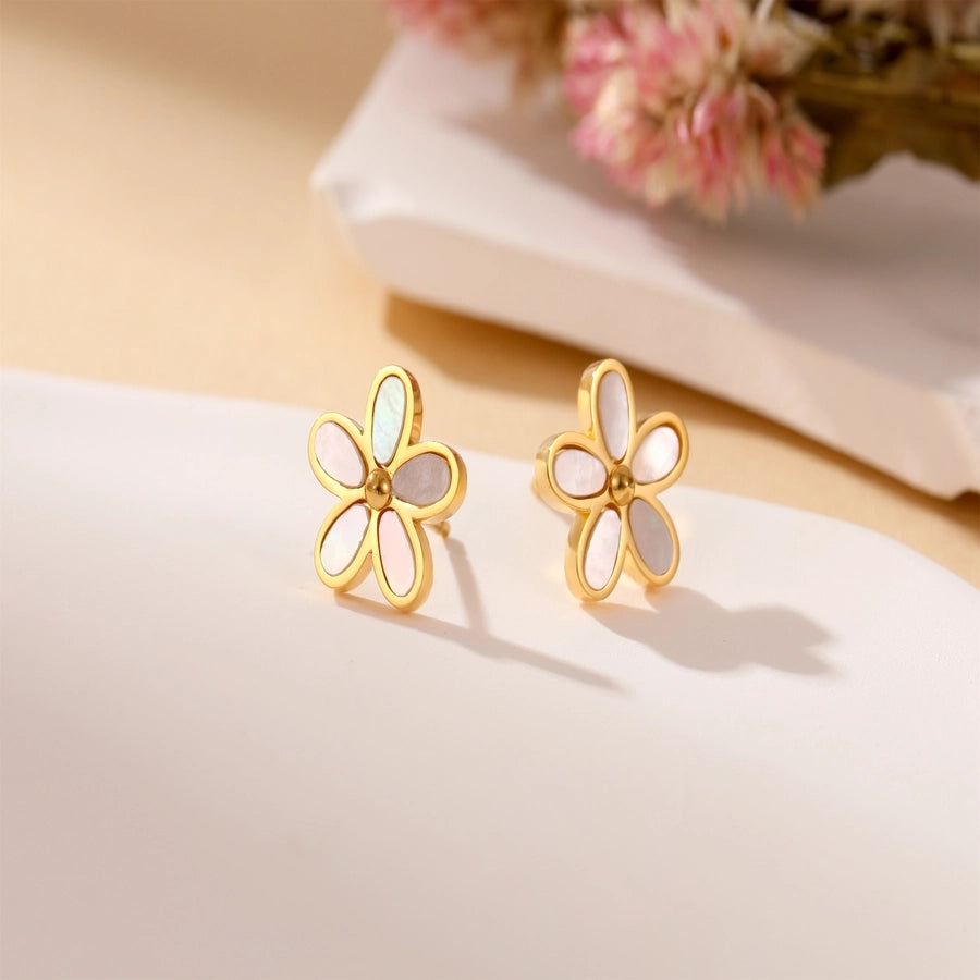 Jewelry Glam Simple Style Flower Stainless Steel Titanium Steel Shell 24K Gold Plated Inlay Earrings Necklace