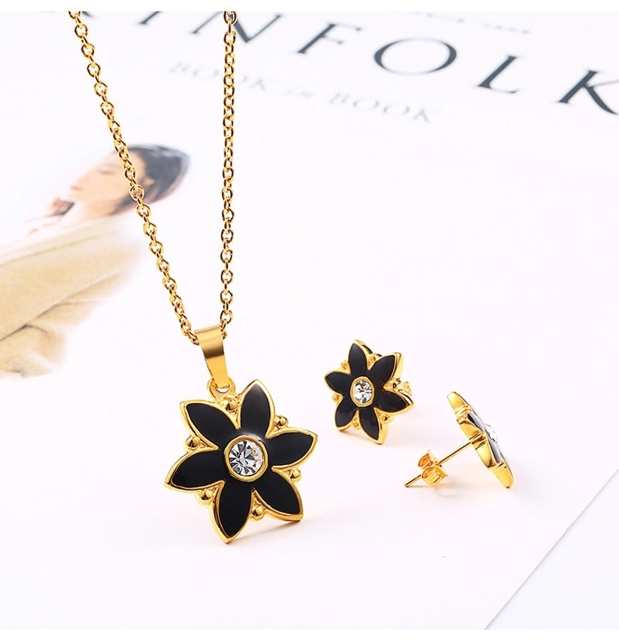 Jewelry Simple Style Classic Style Flower 304 Stainless Steel Rhinestones 18K Gold Plated Inlay Earrings Necklace