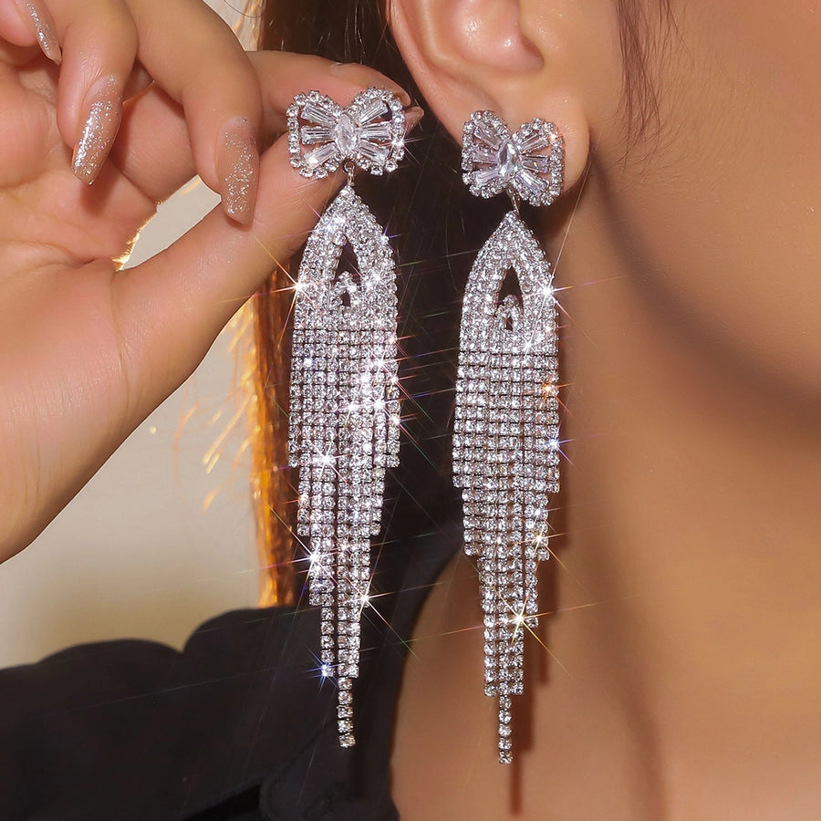 1 Pair Lady Wedding Shiny Tassel Inlay Copper Artificial Diamond Drop Earrings