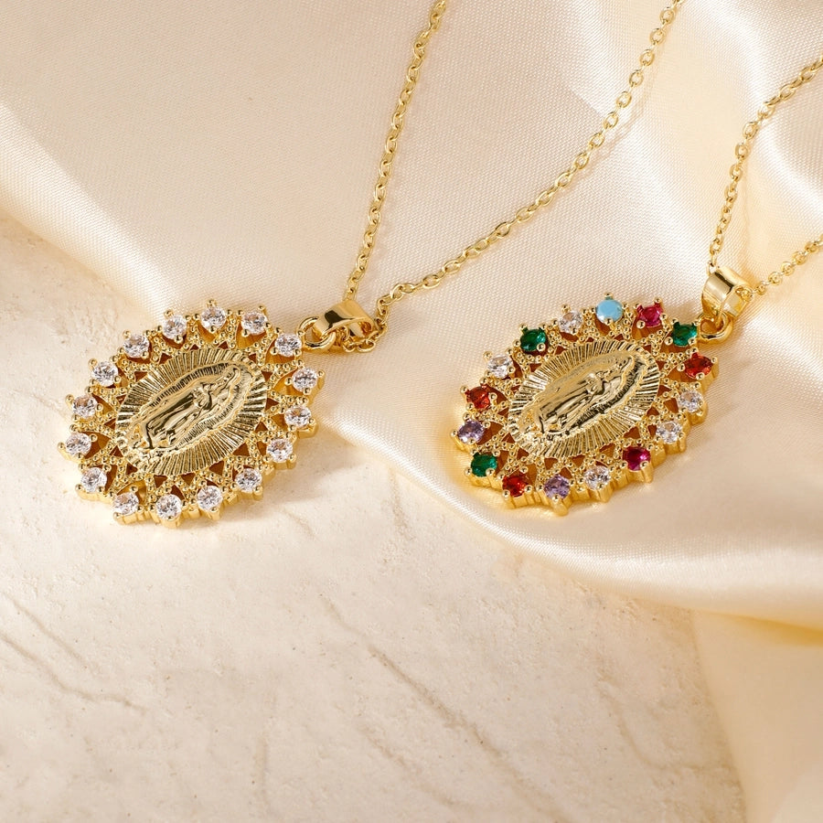 Jewelry Vintage Style Classic Style Geometric Round Virgin Mary 304 Stainless Steel Copper Zircon K Gold Plated Inlay Pendant Necklace - CEJEW