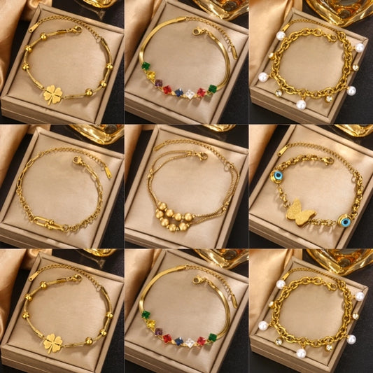 Hip-Hop French Style Commute Four Leaf Clover Devil's Eye Butterfly 304 Stainless Steel 18K Gold Plated Pearl Zircon Bracelets In Bulk