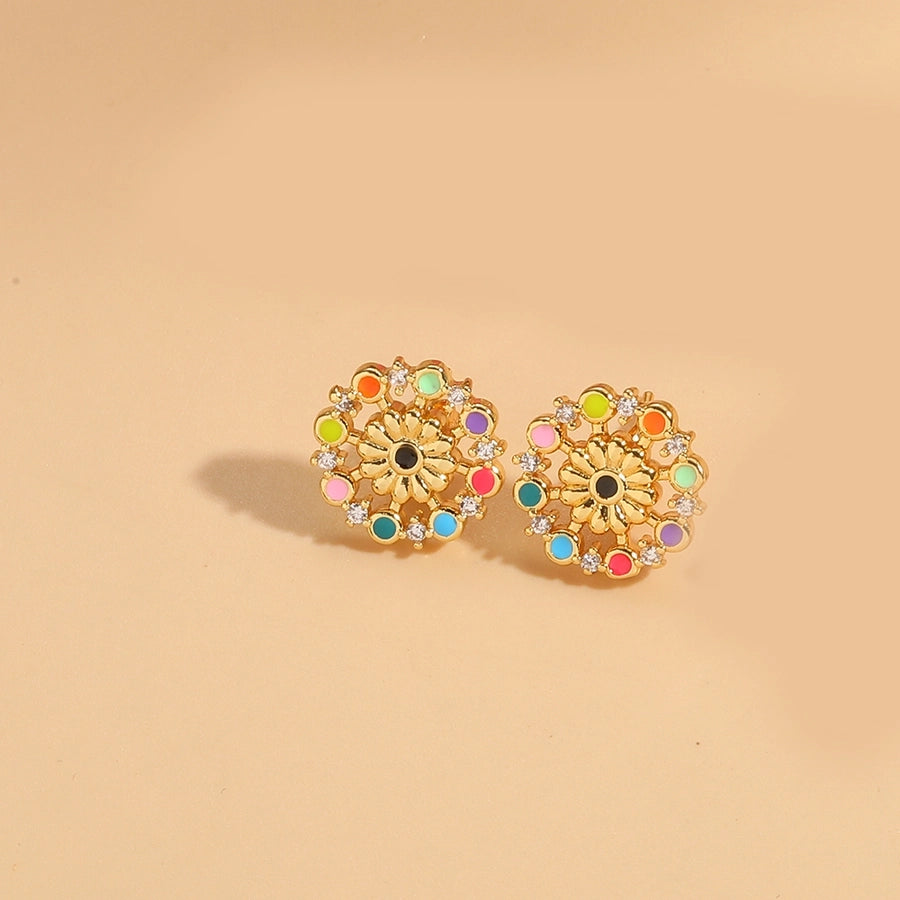 1 Pair Elegant Simple Style Commute Heart Shape Flower Enamel Inlay Copper Zircon 14K Gold Plated Ear Studs