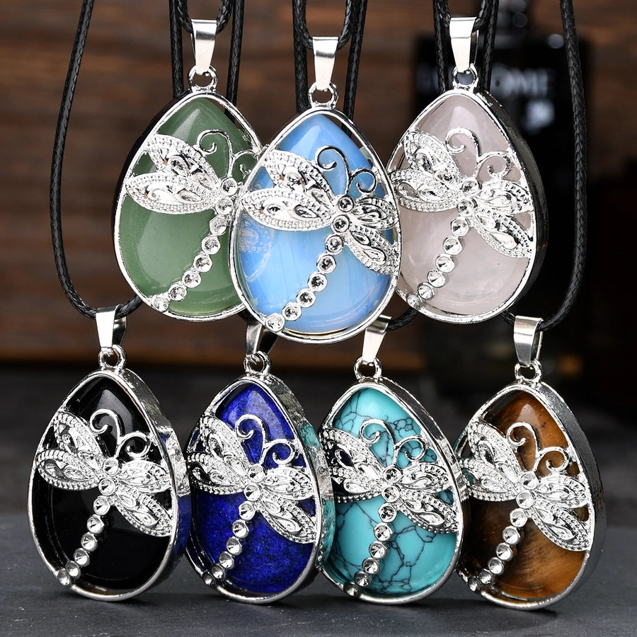 Modern Style Simple Style Butterfly natural stone Leather rope Pendant Necklace In Bulk