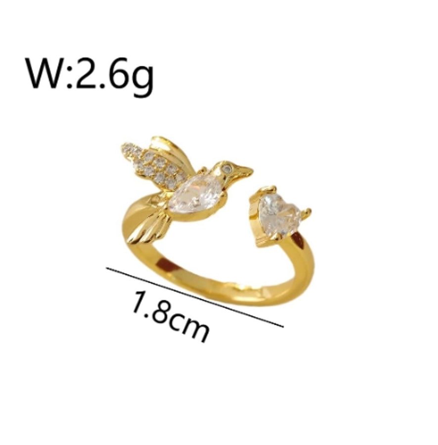 Copper 18K Gold Plated Beach Artistic Commute Polishing Inlay Peace dove Heart Shape Zircon Open Rings