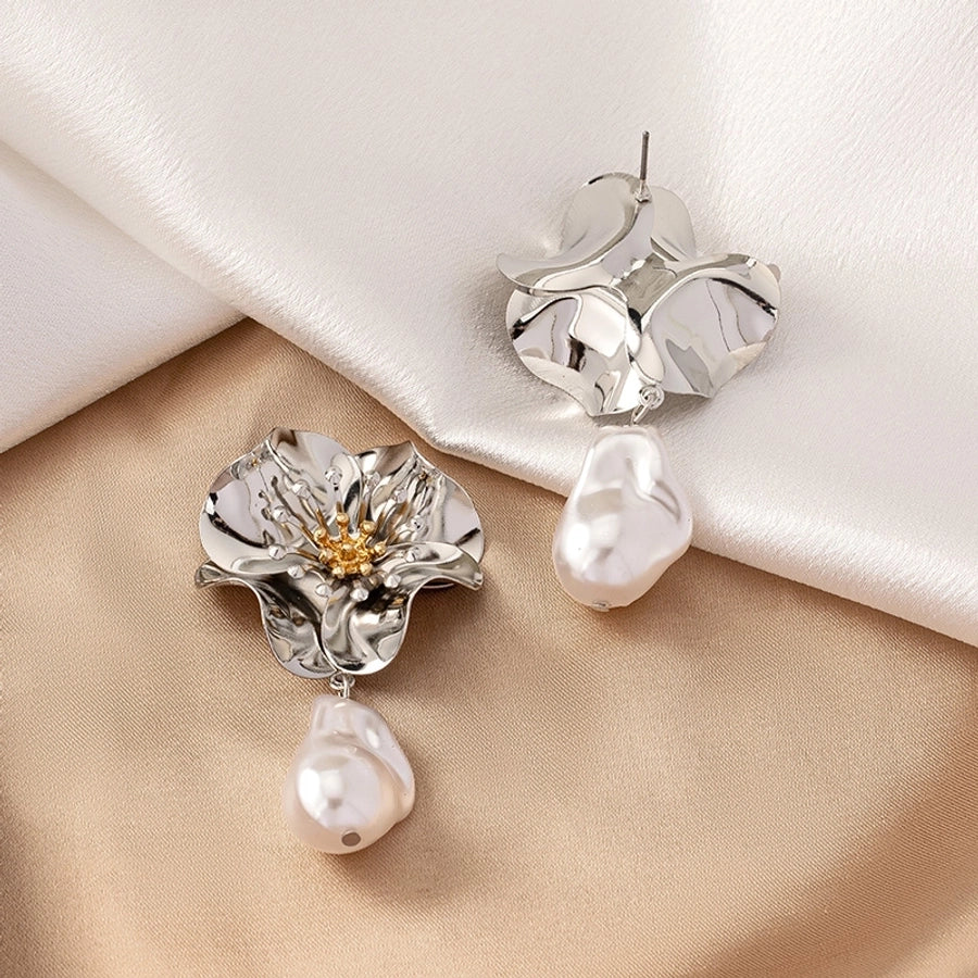 1 pair elegant retro french style flower plating inlay alloy pearl gold plated drop earrings