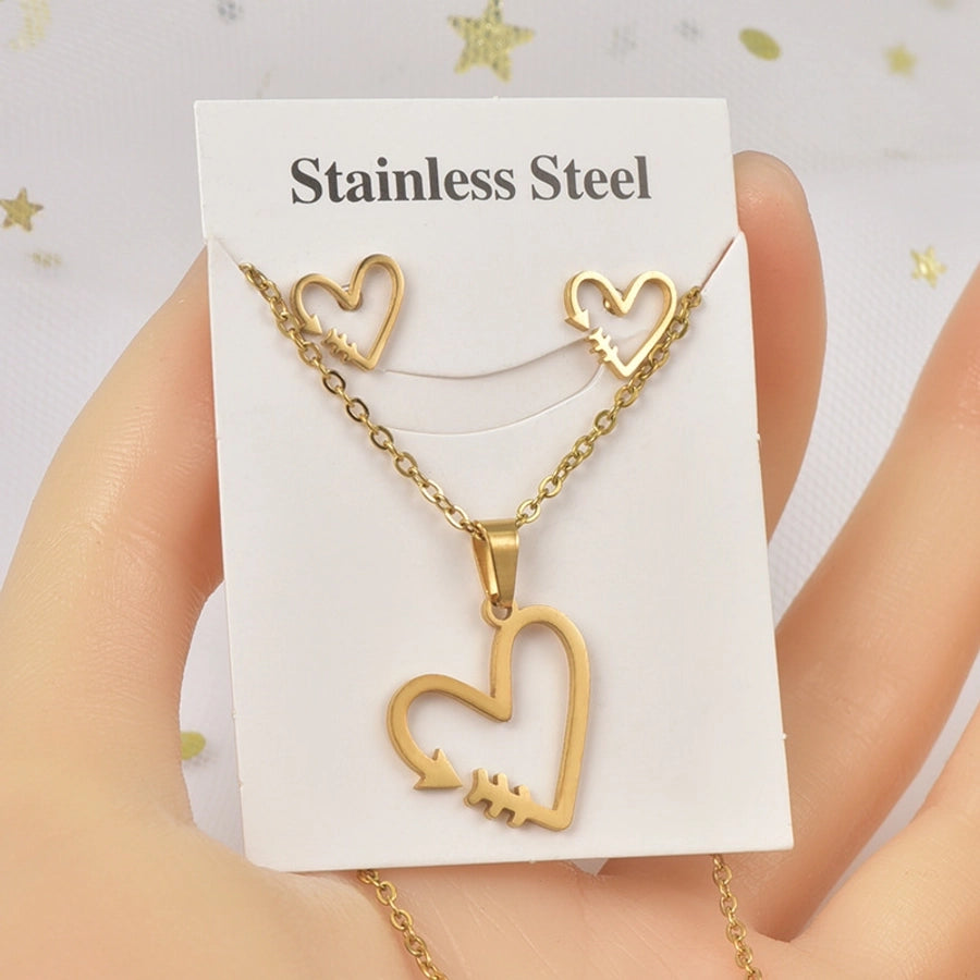 Jewelry Sweet Simple Style IG Style Heart Shape Titanium Steel Hollow Out Jewelry Set