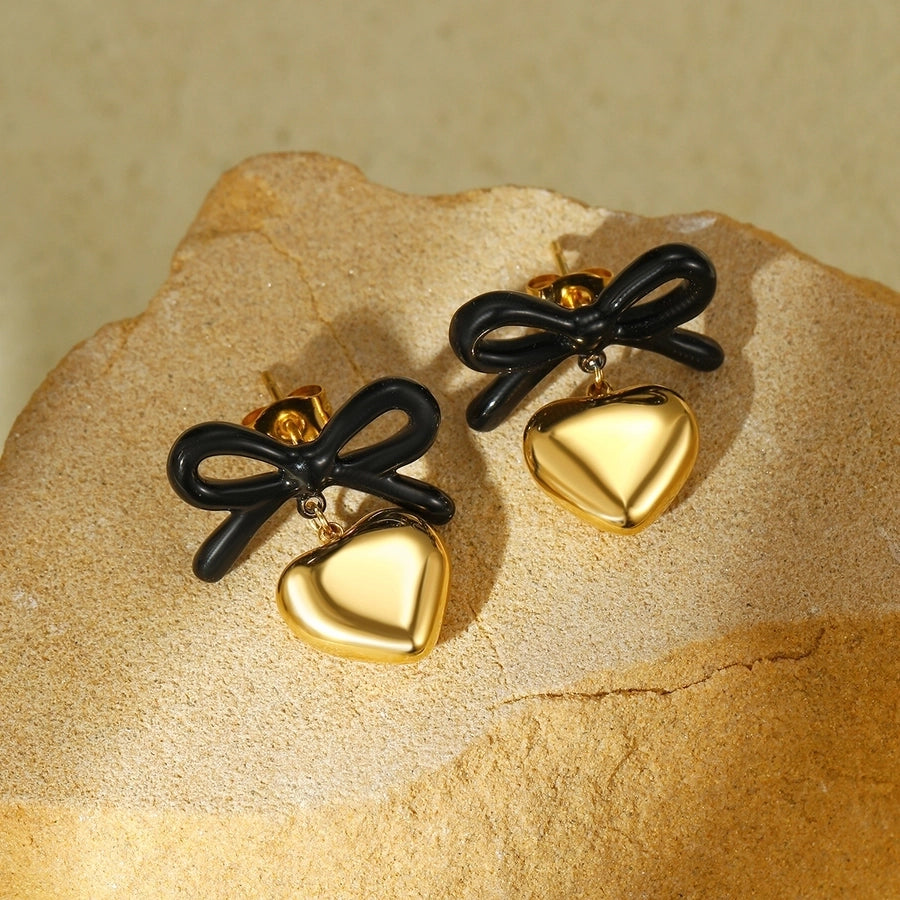 1 Pair Elegant Heart Shape Bow Knot Titanium Steel Drop Earrings