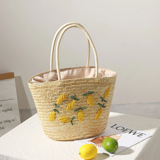 Women's Medium Straw Lemon Vacation Beach Weave Bucket String beach bag