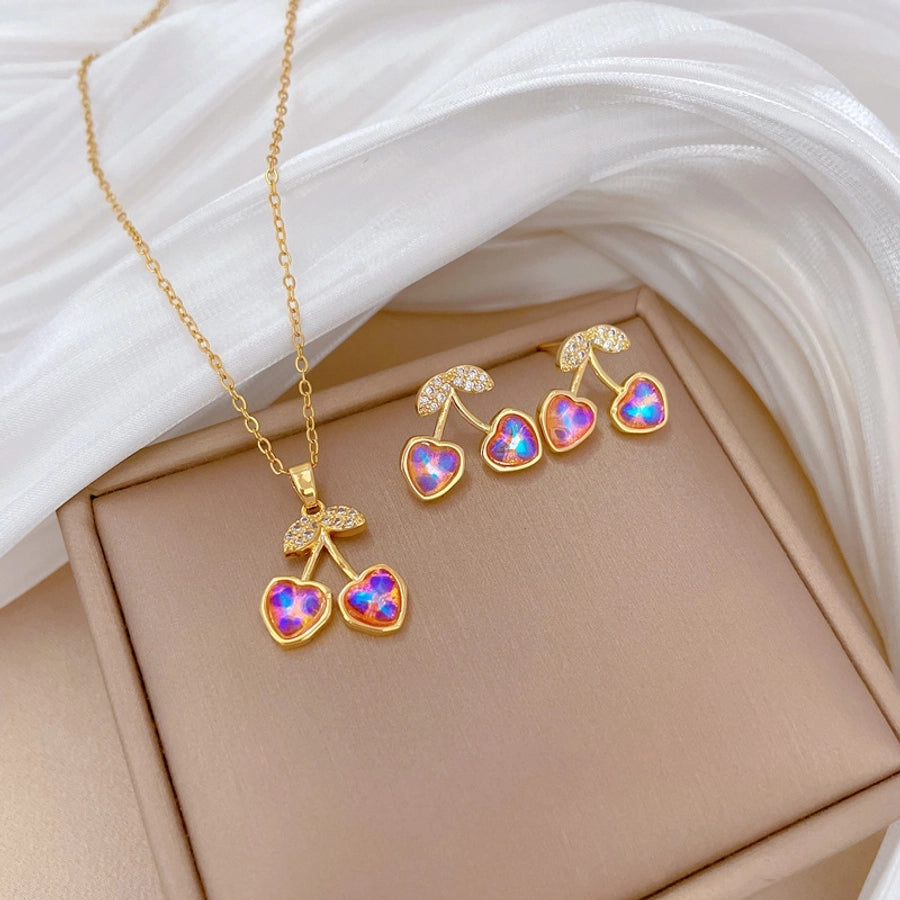 Jewelry Elegant Classic Style Commute Cherry Titanium Steel Brass Shell Zircon Gold Plated Inlay Jewelry Set