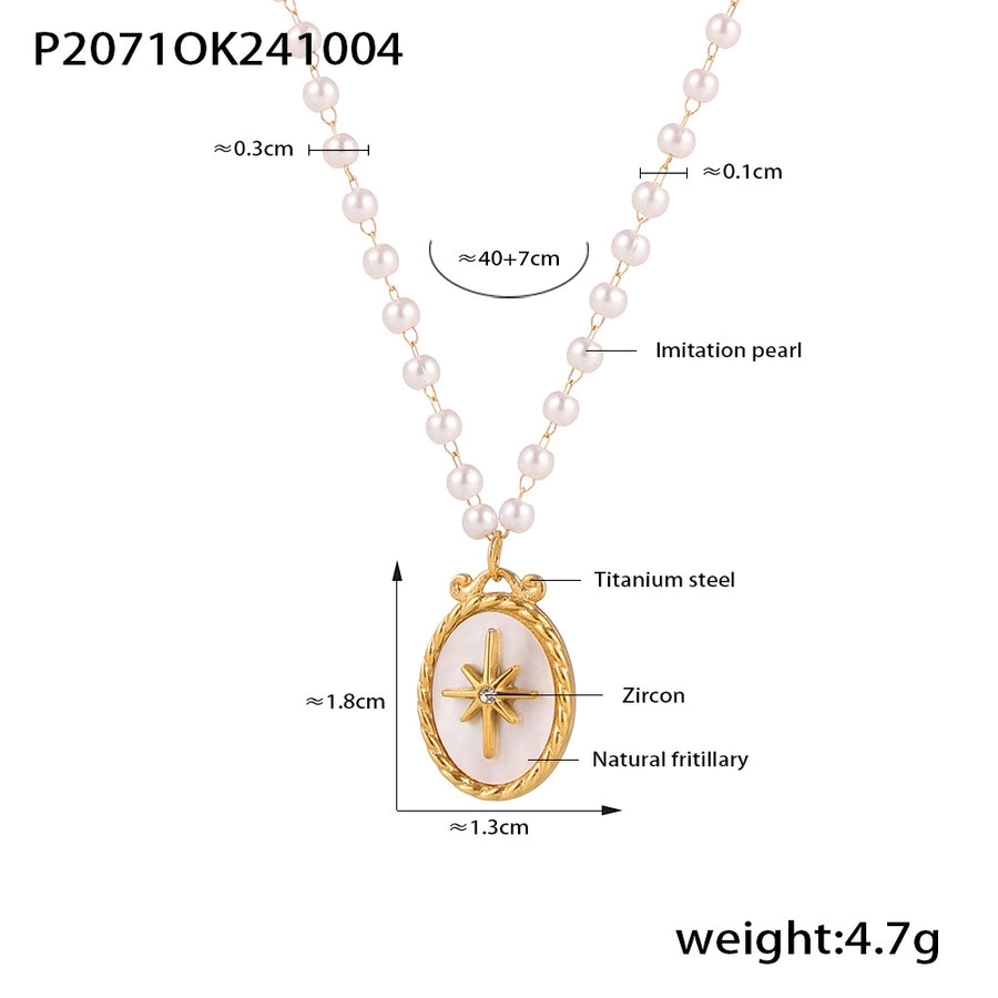 European and American Style Oval Natural Fritillary Eight Awn Star Pendant Imitation Pearl Chain Necklace Light Luxury Titanium Steel Necklace Jewelry for Women