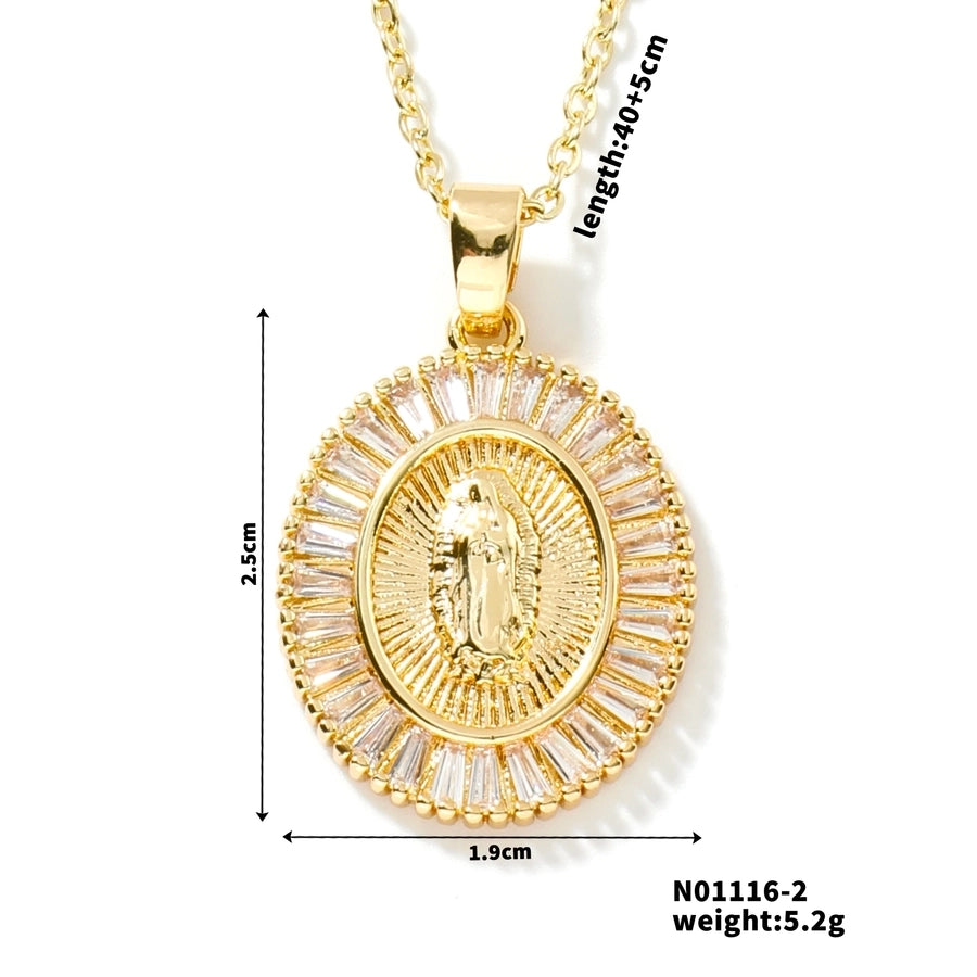 Jewelry Vintage Style Virgin Mary Oval Heart Shape 304 Stainless Steel Copper Zircon K Gold Plated Inlay Pendant Necklace