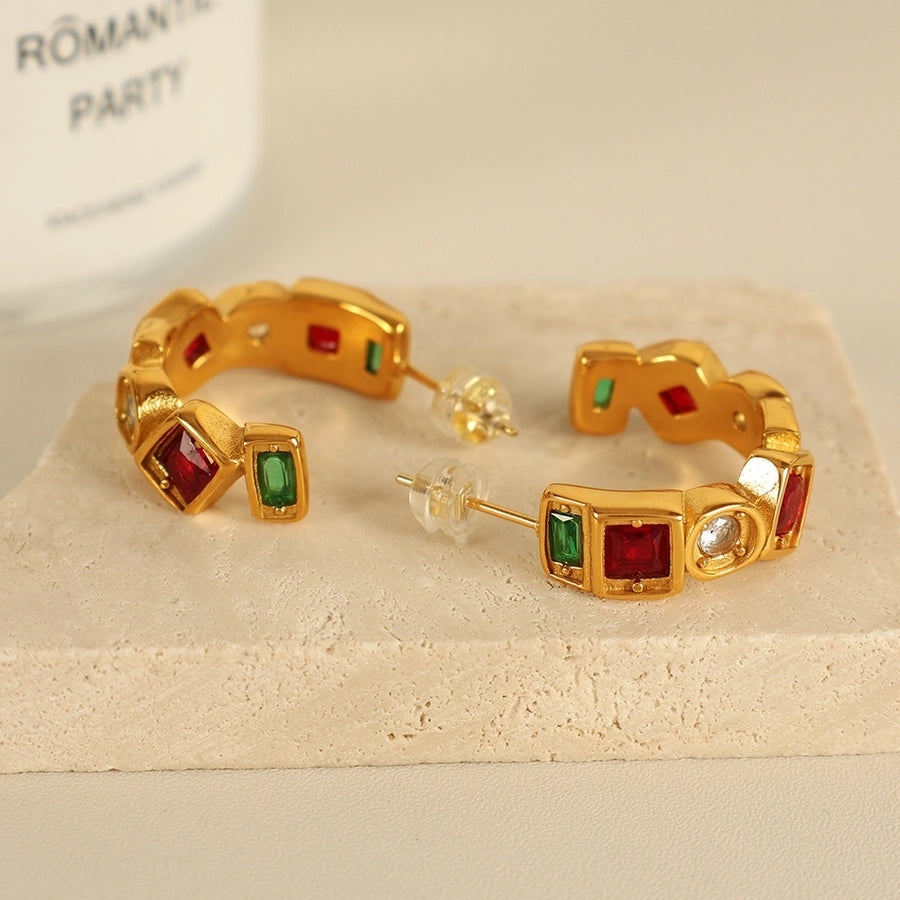 1 Pair IG Style Vintage Style C Shape Polishing Inlay 304 Stainless Steel Zircon 18K Gold Plated Ear Studs