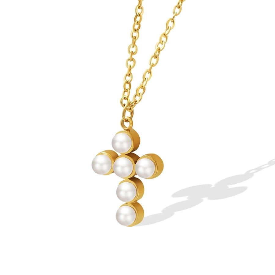 Jewelry Simple Style Cross 304 Stainless Steel Artificial Pearls 18K Gold Plated Plating Inlay Pendant Necklace