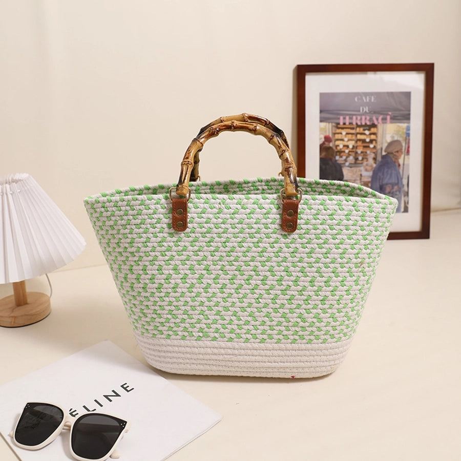 Women's Cotton Splicing Vacation Weave Shell Open Handbag