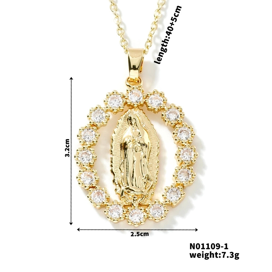 Jewelry Vintage Style Classic Style Geometric Round Virgin Mary 304 Stainless Steel Copper Zircon K Gold Plated Inlay Pendant Necklace - CEJEW