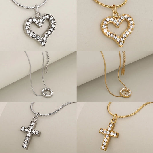 Jewelry Cute Shiny Cross Heart Shape 304 Stainless Steel Rhinestone Rhinestones Stainless Steel Necklaces