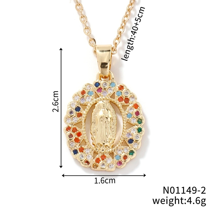 Jewelry Vintage Style Virgin Mary Oval Heart Shape 304 Stainless Steel Copper Zircon K Gold Plated Inlay Pendant Necklace