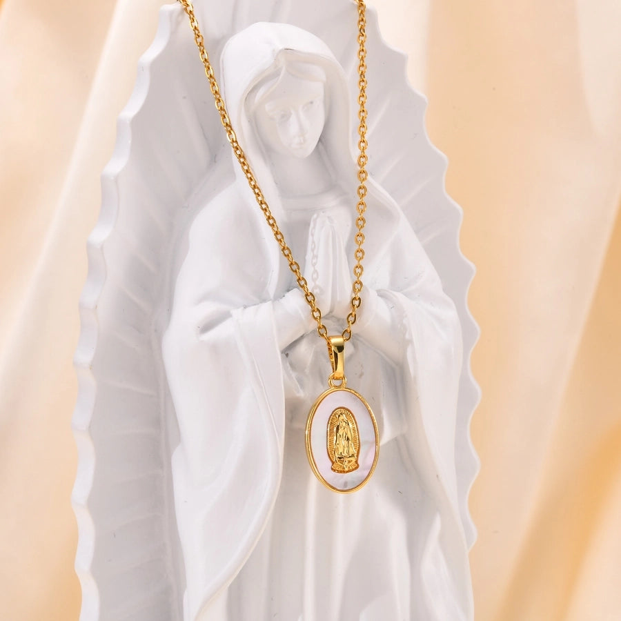 Jewelry IG Style Portrait Virgin Mary 201 Stainless Steel Shell Zircon 18K Gold Plated Inlay Pendant Necklace - CEJEW