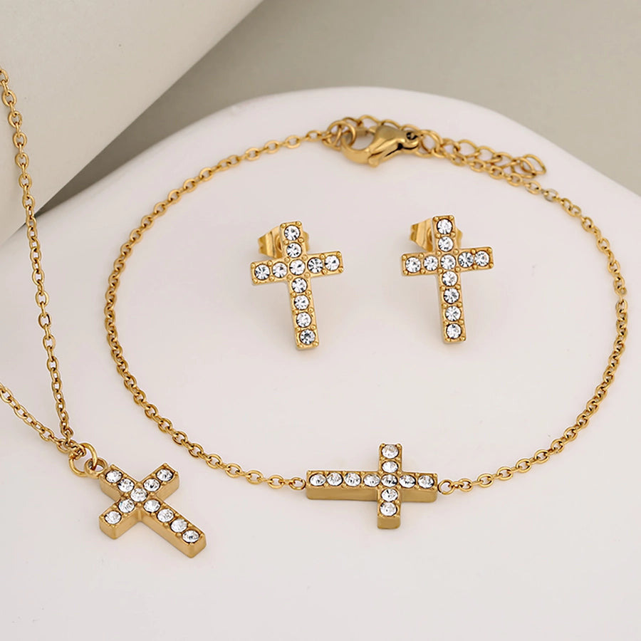 Jewelry Luxurious Classic Style Shiny Cross Round 304 Stainless Steel Rhinestones 18K Gold Plated Inlay Jewelry Set