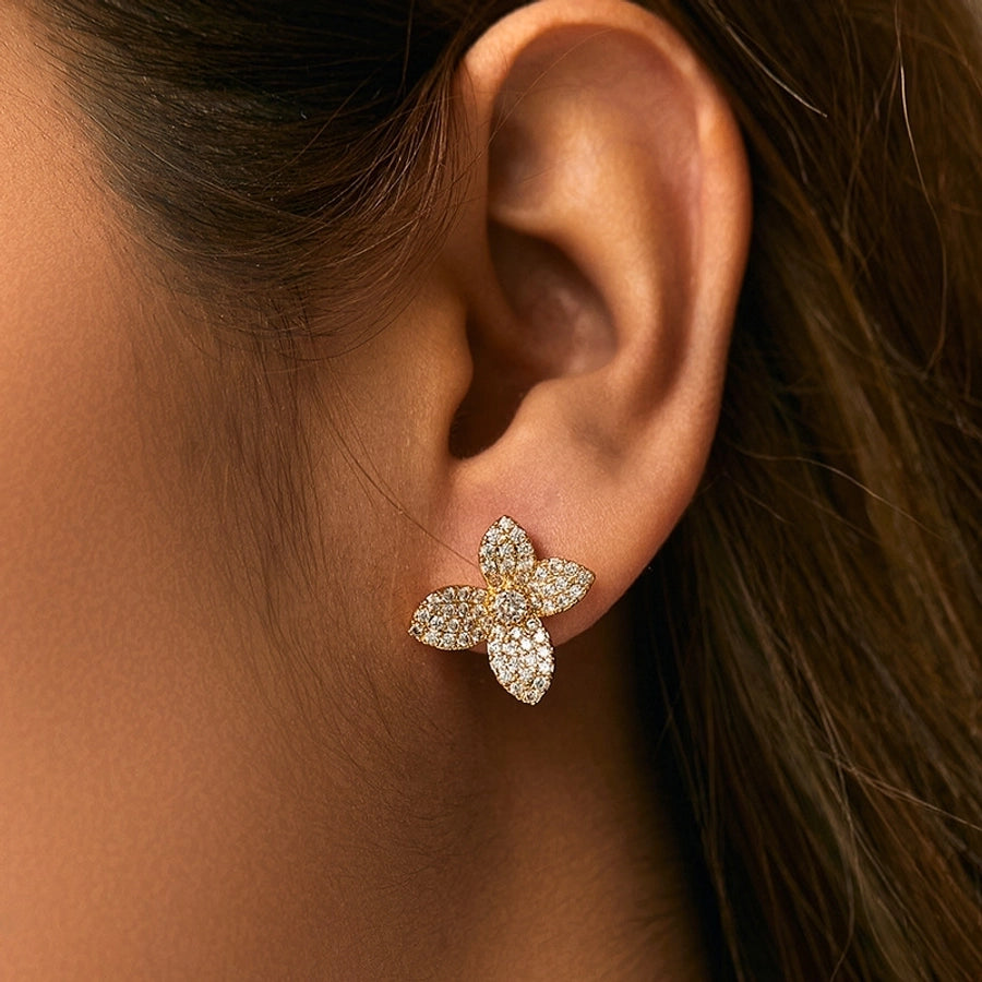 1 Pair Elegant Classic Style Streetwear Leaf Heart Shape Bow Knot Copper Zircon Ear Studs