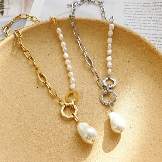 Jewelry Simple Style Geometric 304 Stainless Steel Freshwater Pearl Beaded Pendant Necklace