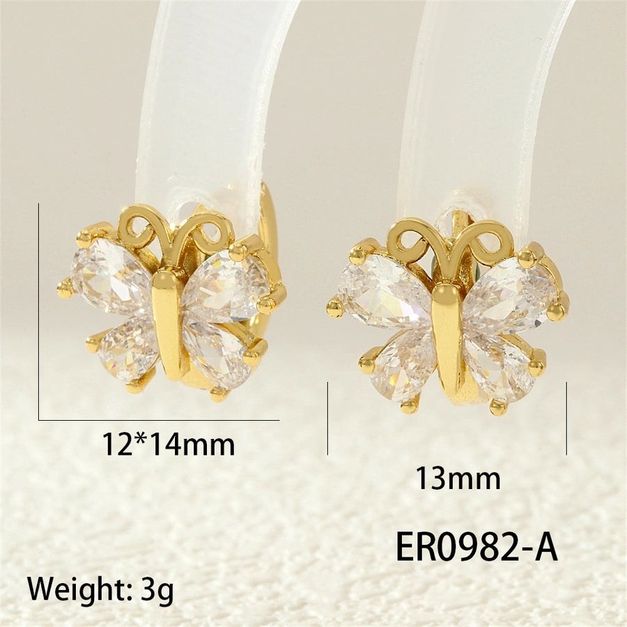 1 Pair IG Style Simple Style Commute Flower Butterfly Inlay Copper Zircon 18K Gold Plated Earrings