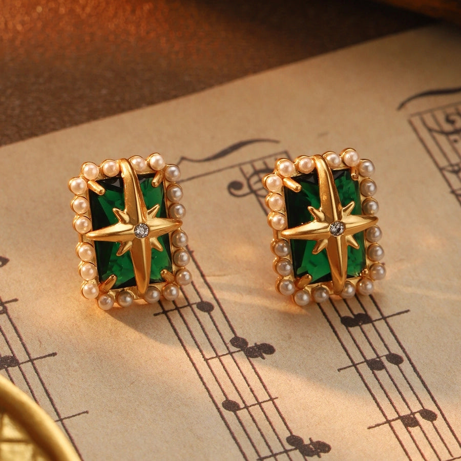 1 Pair Retro Hexagram Enamel Plating Inlay Copper Pearl Zircon 18K Gold Plated Ear Studs