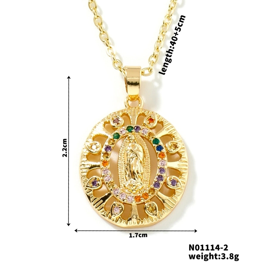 Jewelry Vintage Style Classic Style Geometric Round Virgin Mary 304 Stainless Steel Copper Zircon K Gold Plated Inlay Pendant Necklace - CEJEW