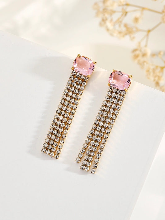 1 Pair IG Style Shiny Tassel Rectangle Plating Inlay 304 Stainless Steel Zircon 18K Gold Plated Drop Earrings - CEJEW