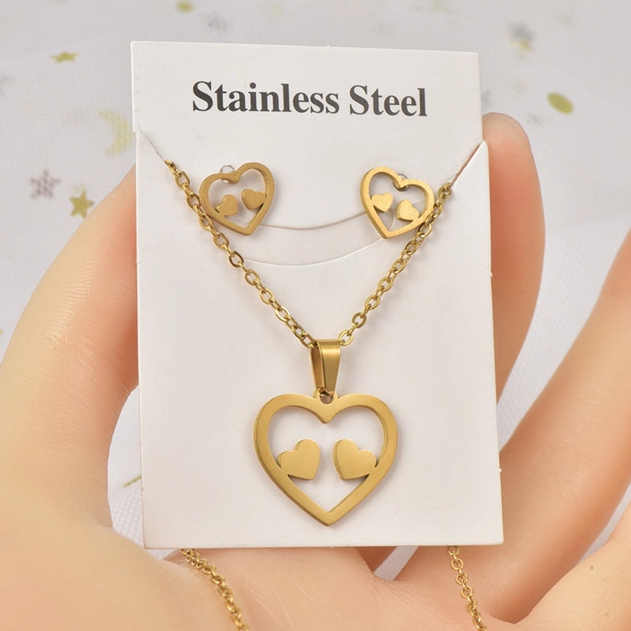 Jewelry Sweet Simple Style IG Style Heart Shape Titanium Steel Hollow Out Jewelry Set