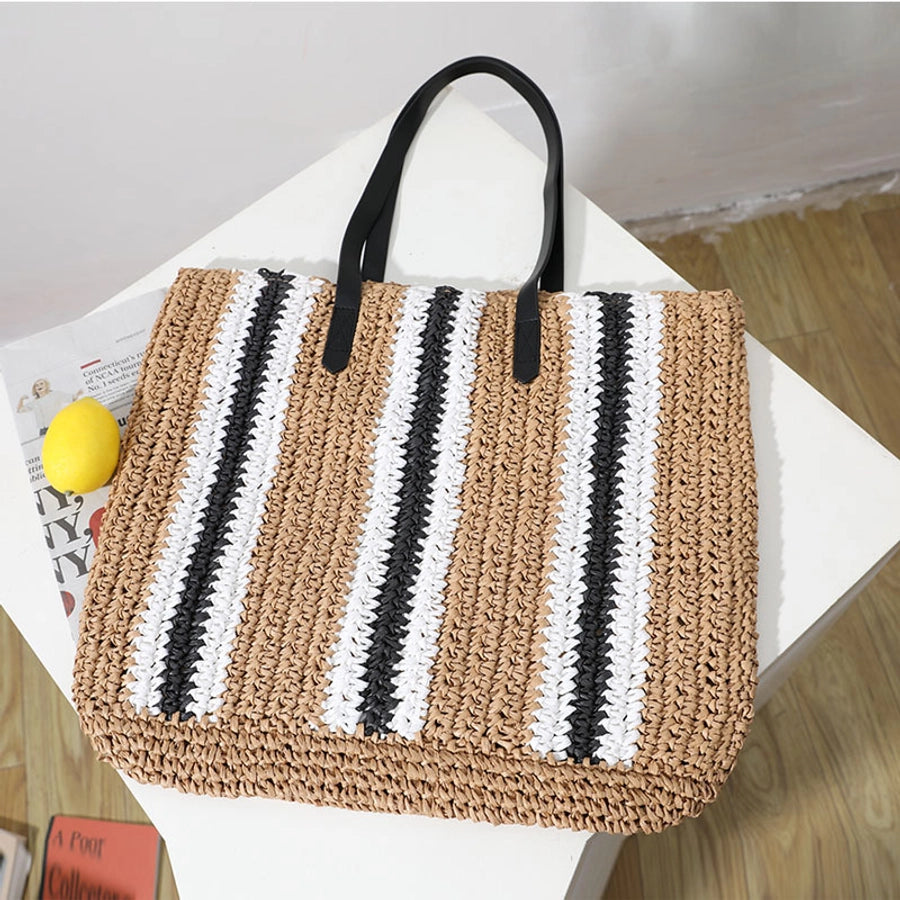 Women's Straw Stripe Vacation Weave Square Magnetic Buckle Tote Bag