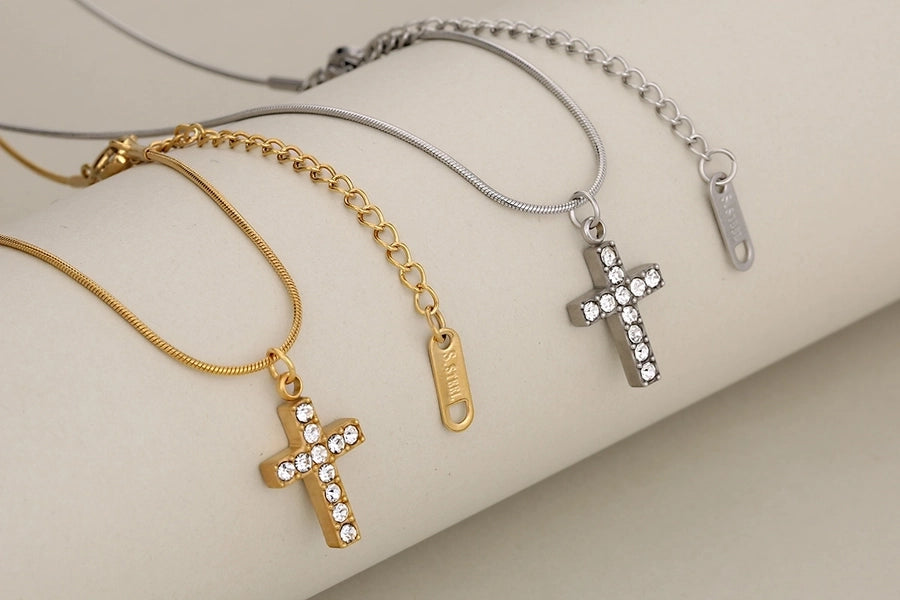 Jewelry Cute Shiny Cross Heart Shape 304 Stainless Steel Rhinestone Rhinestones Stainless Steel Necklaces