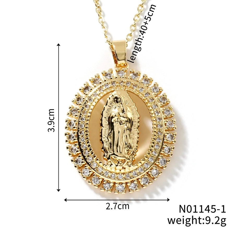 Jewelry Vintage Style Virgin Mary Oval Heart Shape 304 Stainless Steel Copper Zircon K Gold Plated Inlay Pendant Necklace