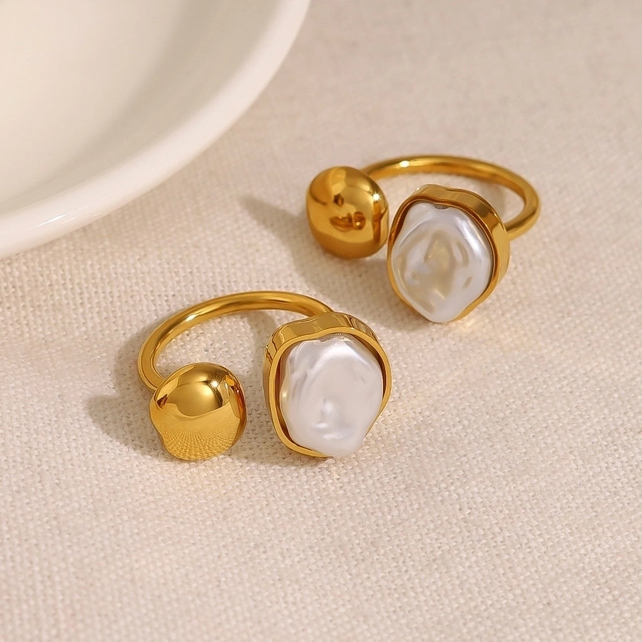 Jewelry Vacation French Style IG Style Geometric 304 Stainless Steel Artificial Pearls 18K Gold Plated Plating Inlay Open Rings