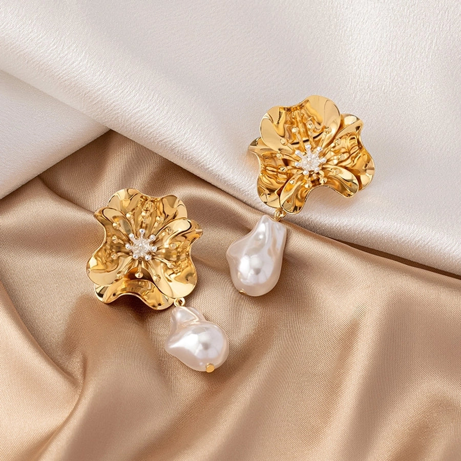 1 pair elegant retro french style flower plating inlay alloy pearl gold plated drop earrings