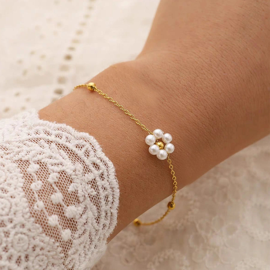 Jewelry Elegant Simple Style Commute Flower 316L Stainless Steel  Freshwater Pearl 18K Gold Plated Inlay Bracelets Necklace