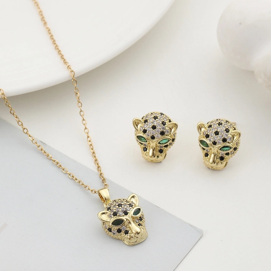 Jewelry Elegant Luxurious Jaguar 304 Stainless Steel Copper Zircon Silver Plated Inlay Earrings Necklace - CEJEW