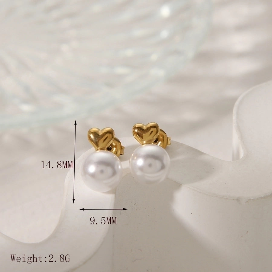 1 Pair IG Style French Style Commute Heart Shape Inlay 304 Stainless Steel Artificial Pearls 14K Gold Plated Ear Studs