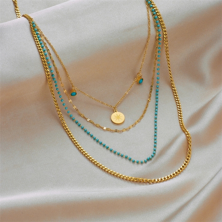 Jewelry Retro Round 304 Stainless Steel Turquoise 18K Gold Plated Beaded Gold Plated Inlay Stainless Steel Necklaces