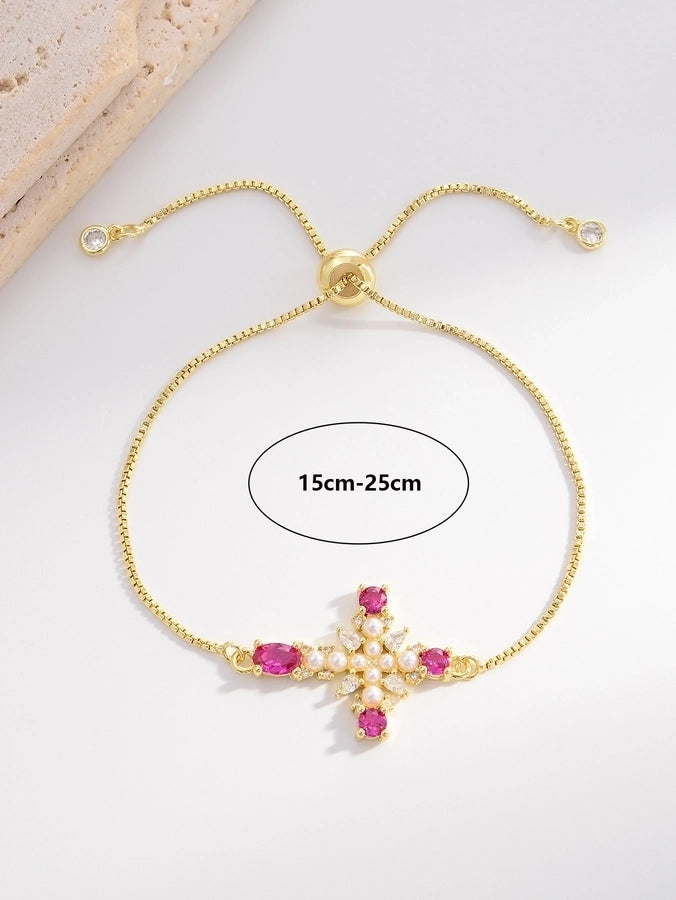 elegant cross copper gold plated artificial pearls zircon bracelets in bulk