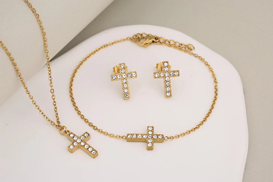 Jewelry Luxurious Classic Style Shiny Cross Round 304 Stainless Steel Rhinestones 18K Gold Plated Inlay Jewelry Set