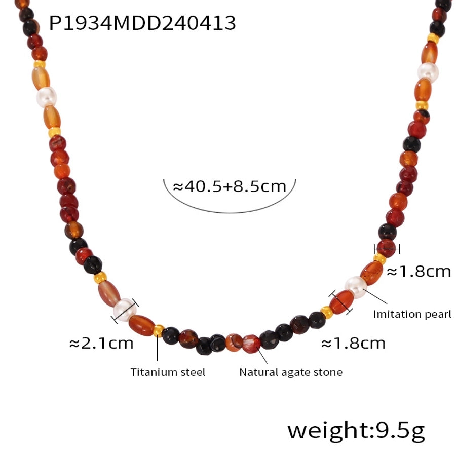 304 Stainless Steel natural stone Agate 18K Gold Plated Casual Retro Beaded Enamel Plating Round Necklace