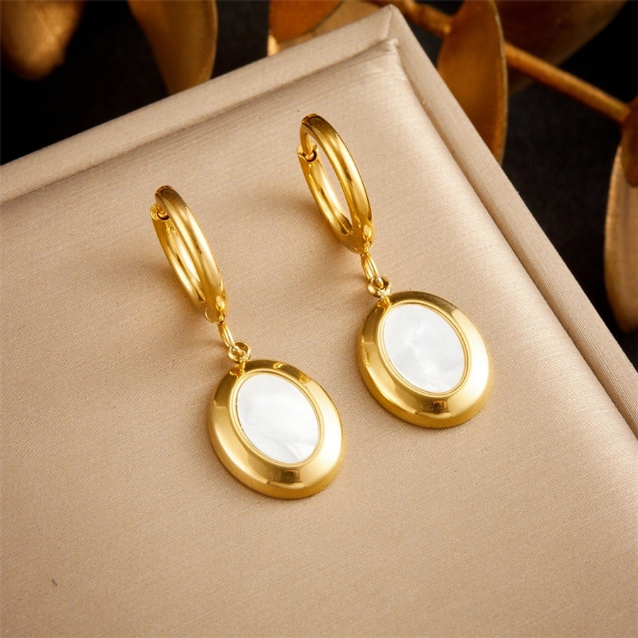 1 Pair Casual Vintage Style Square Oval Plating Inlay 304 Stainless Steel Shell 18K Gold Plated Drop Earrings - CEJEW